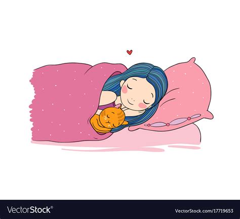 Sleeping Girl And Cat In Bed Good Night Royalty Free Vector