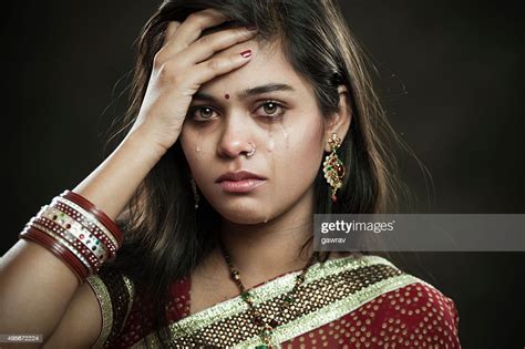 Hindu Married Woman Crying With Tears And Looking At Camera High Res