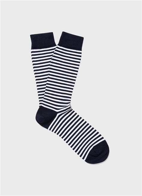 Mens Long Staple Cotton Socks In Whitenavy English Stripe Sunspel
