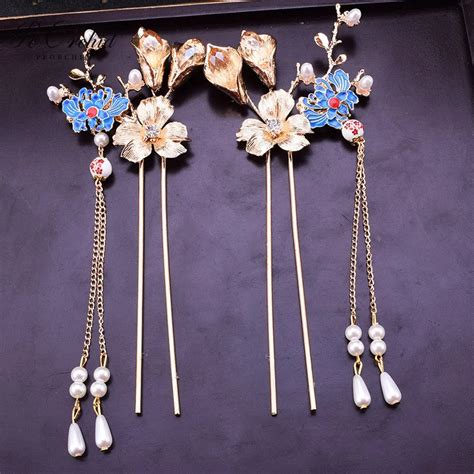 Peorchid Gold Blue Chinese Hairpin Floral Traditional Tang Brides Hair Sticks Hair Pins