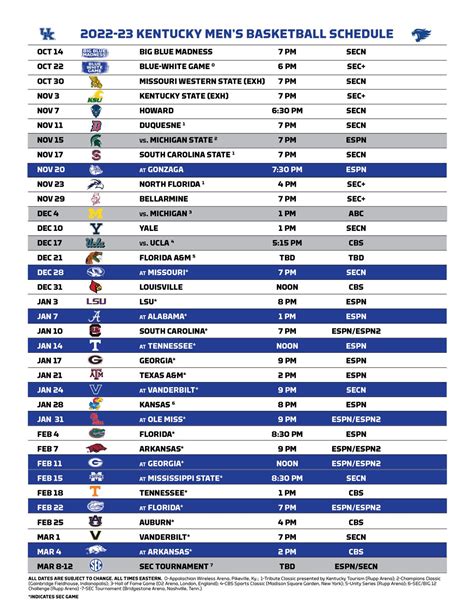 University Of Kentucky Basketball Schedule Printable