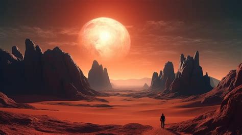 Premium Ai Image A Man Walks Through A Desert With A Red Moon In The