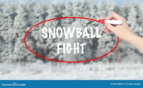 Woman Hand Writing Snowball Fight With Marker Over Winter Forest Stock