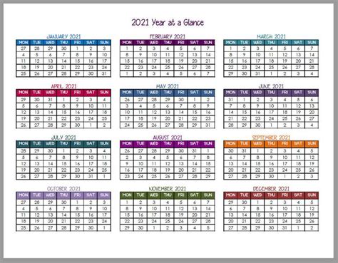 2021 Calendar Yea At A Glance Calendar Printables Free Blank