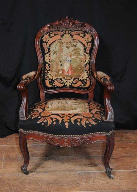 Old chairs are a junk lovers' dream. Set 4 Antique Woven Arm Chairs Seats Mahogany Tapestry Fauteil