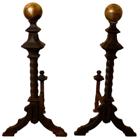 Large And Heavy Pair Of French 19th Century Brass And Iron Andirons Or