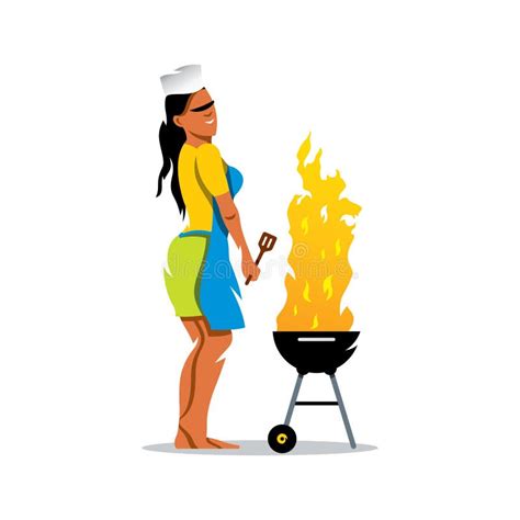 Vector Girl And Barbecue Cartoon Illustration Stock Vector