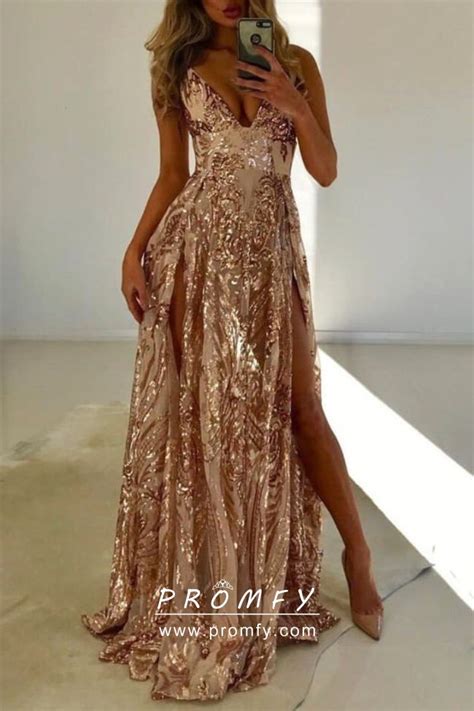 Sparkly And Sexy Gold Sequin V Neck Double Slit A Line Long Prom Party