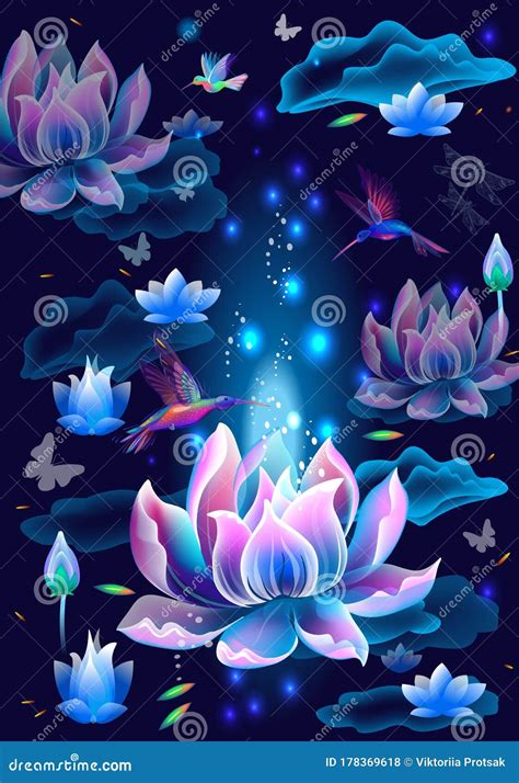 Background With Lotus Flowers And Hummingbirds Stock Vector