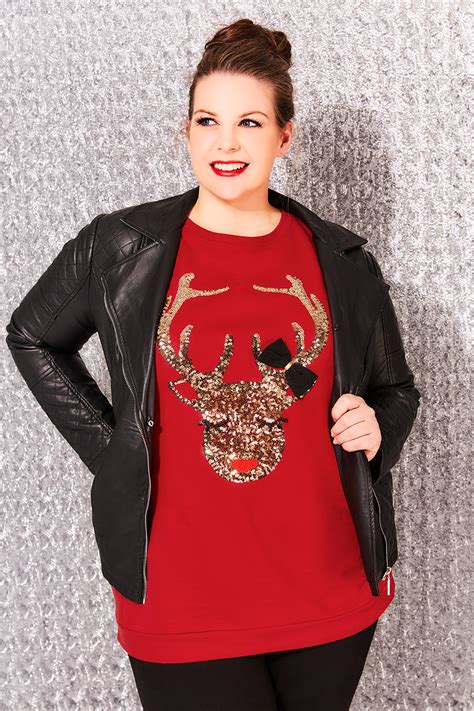 Red Sequin Reindeer Christmas Sweat Top With Long Sleeves Plus Size 16