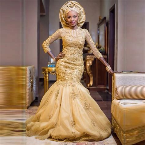 Gold Appliqued Mermaid Wedding Dress For Nigeria Women 2016 Illusion Traditional Bridal Gowns