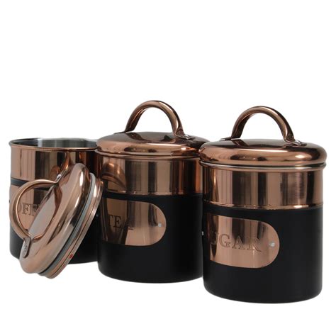 Set Of 3 Stainless Steel Copper Black Tea Sugar Coffee Canisters
