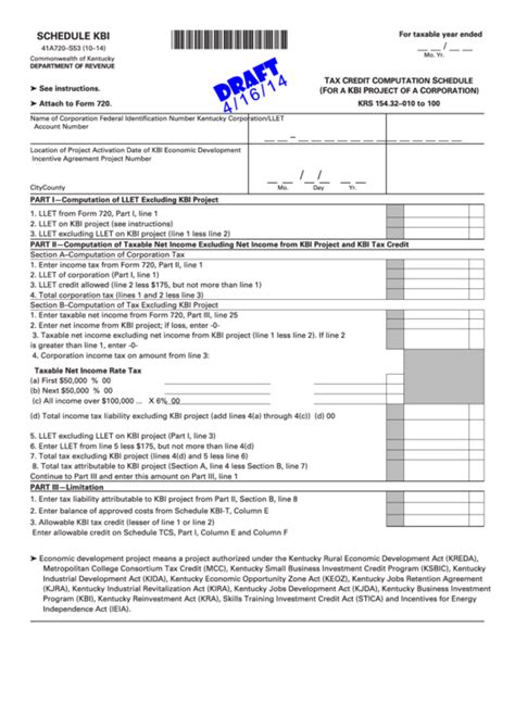 Form 41a720 S53 Schedule Kbi Draft Tax Credit Computation Schedule