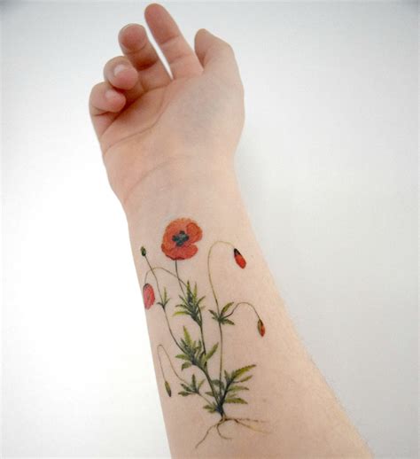 Temporary Tattoo Vintage Poppies Red Wildflower By Siideways