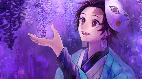 Maybe you would like to learn more about one of these? Demon Slayer Tanjirou Kamado With Black Hair And A Mask Enjoying Purple Flowers With Backgorund ...
