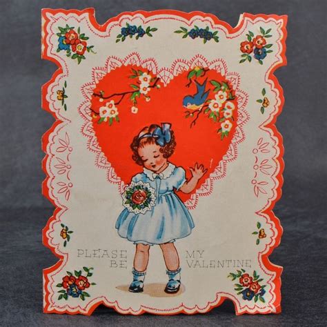 Vintage 1920s Pretty Girl Ornate Valentine Card Flowers Birds Heart