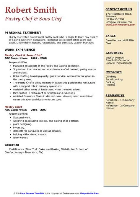 Pastry Chef Resume Samples Qwikresume