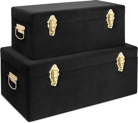 Beautify Black Velvet Decorative Storage Trunk Set With Brass Clasps