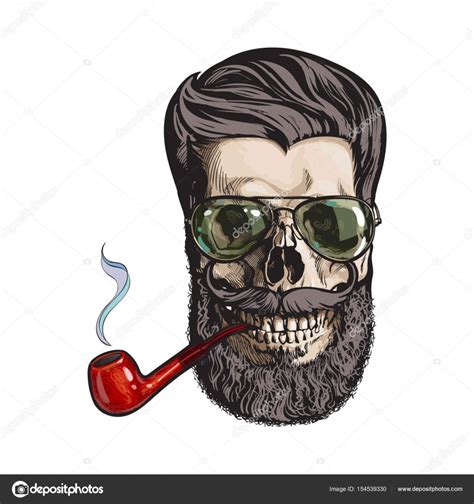 Human Skull With Hipster Beard Wearing Aviator Sunglasses Smoking