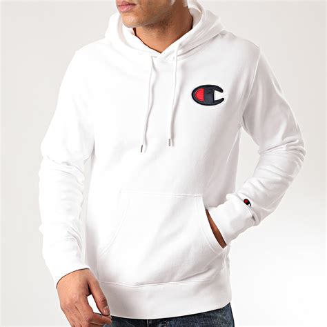 Sweat à capuche avec poche kangourou et print de la marque champion. Champion - Sweat Capuche 214184 Blanc ...
