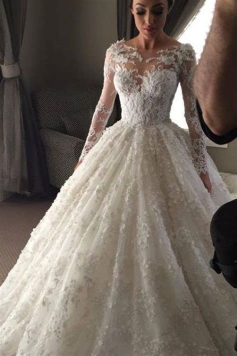 New Arrival Ball Gown Princess Dress Long Sleeve 3d Lace Wedding Dress