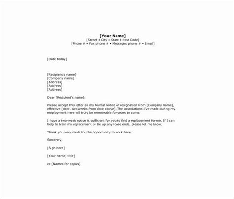 Download the standard two (2) weeks notice letter template to inform an employer that you will be leaving your position but will remain at the job for this period of time. 2 Week Resignation Letter Template Inspirational 10 Sample ...