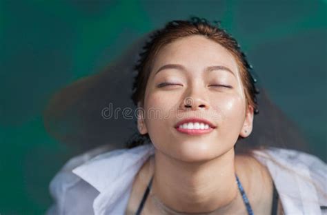 Beautiful Woman Swimming Pool Resort Relaxed Portrait Young Asian Girl Happy Smile Tropical