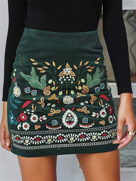 Green Floral Embroidered Zip Back Corduroy Skirt Mini Skirts Fashion