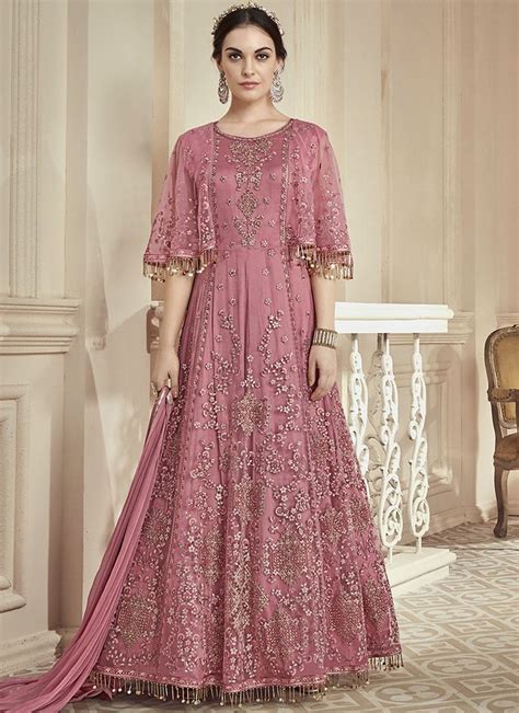 Net Heavy Embroidered Pink Wedding Anarkali Suit Anarkali Gown