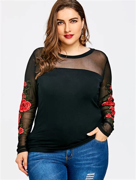 Wipalo Plus Size Embroidery Sheer Tops Shirts Women Tops Summer Casual
