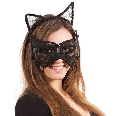 Black Lace Cat Mask And Ears Masquerade Ball Mask On Headband Fancy Dress