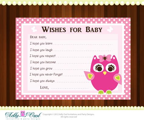 For card wording inspiration make sure to check out our article 'baby shower card messages & wishes'. Pink Girl Owl Baby Shower Wish and Advice Card Printable DIY
