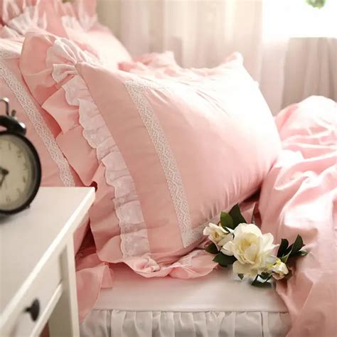 2pcs Pink Pillow Sham Embroidered Lace Pillow Case Ruffle Bedding