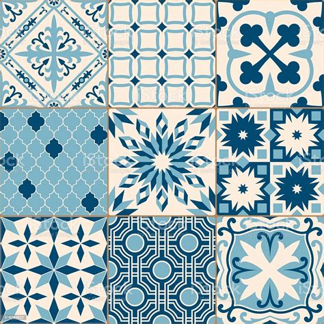 Vintage Antique Blue Mosaic Porcelain Tiles Seamless Pattern Stock