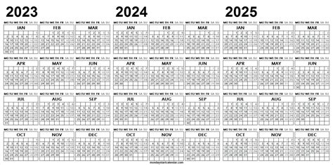 Free Calendar 2023 2024 2025 Template Printable 3 Year Calendar