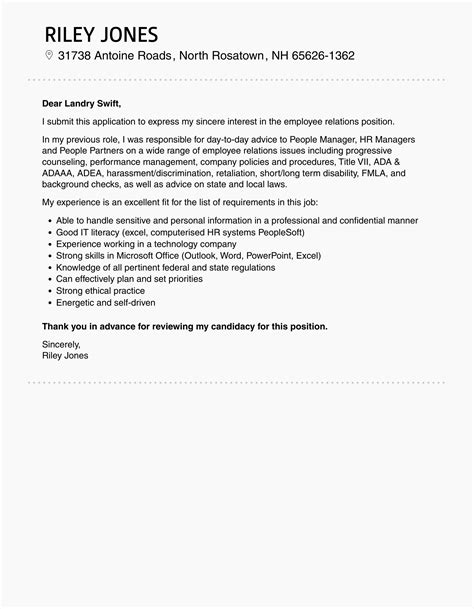 Employee Relations Cover Letter Velvet Jobs