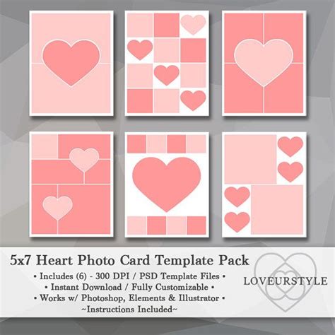 5x7 Photo Card Template Pack Heart Templates Photo Collage Etsy