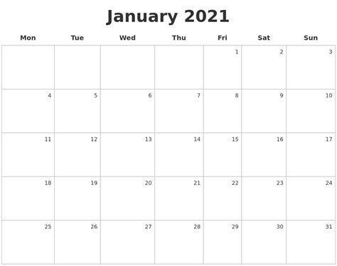January 2021 Make A Calendar