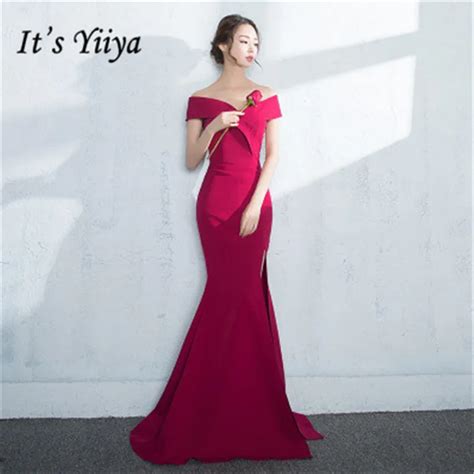it s yiiya fashion wine red boat neck off the shoulder evening dresses slim furcal backless