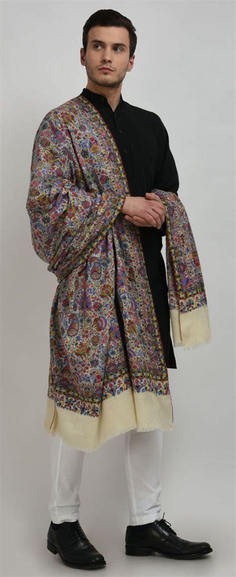 Ivory Pure Pashmina Jamawar Kalamkari And Sozni Outline Embroidered Shawl