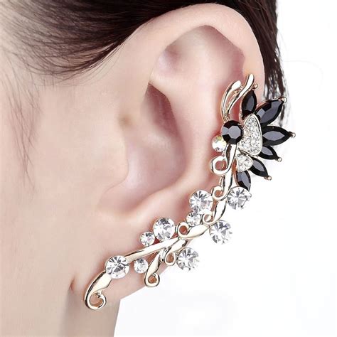 Gold Plated Crystal Flower Butterfly Ear Cuff Wrap Clip Stud Earring