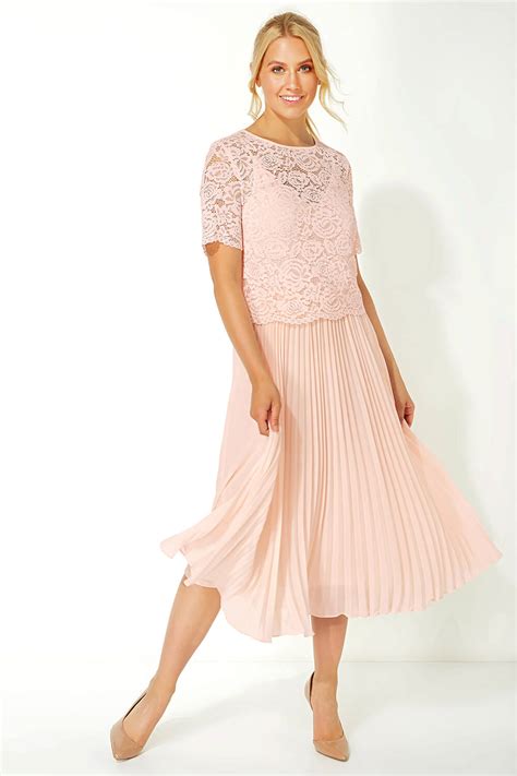 Lace Top Overlay Pleated Midi Dress In Light Pink Roman Originals Uk