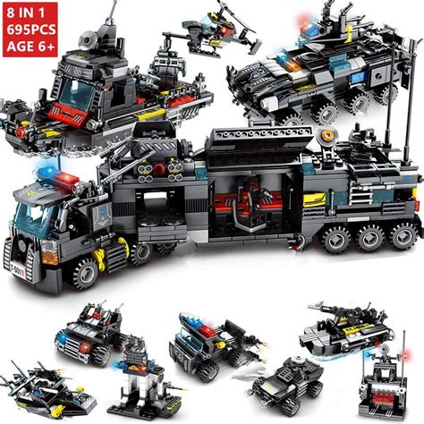 8 Stks Partij 695Pcs Stad Swat Truck Huis Schip Bouwstenen Sets Politie Commando Voertuig Auto