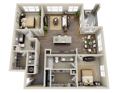 10 Awesome Two Bedroom Apartment 3d Floor Plans Apartment Floor Plans