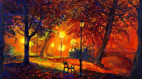 Digital Art Nature Trees Painting Park Bench Lamps Fall Leaves Modern