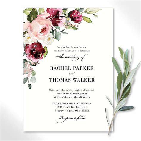 Plum Floral Wedding Invitation With Blush For Fall Or Summer Wedding