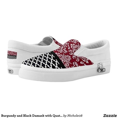 Burgundy And Black Damask With Quatrefoil Zipz Printed Shoes Black Slip On Sneakers Slip On
