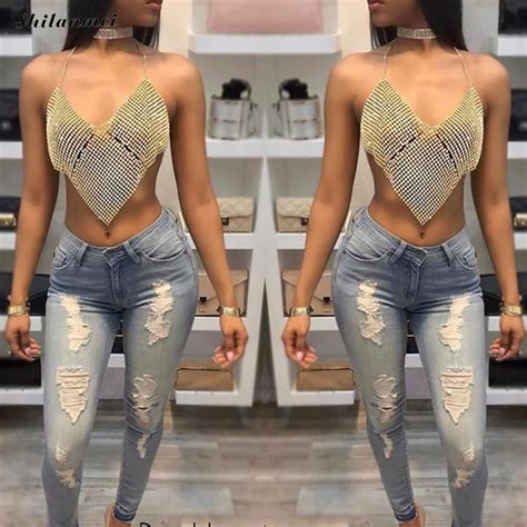 Sexy Rhinestone Halter Summer Party Crop Tops Metal Chain Hollow Out