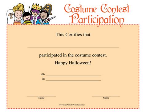 Halloween Costume Contest Participation Certificate Template Download