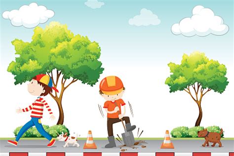 Man Walking On Pavement With Construction Site Stock Illustration